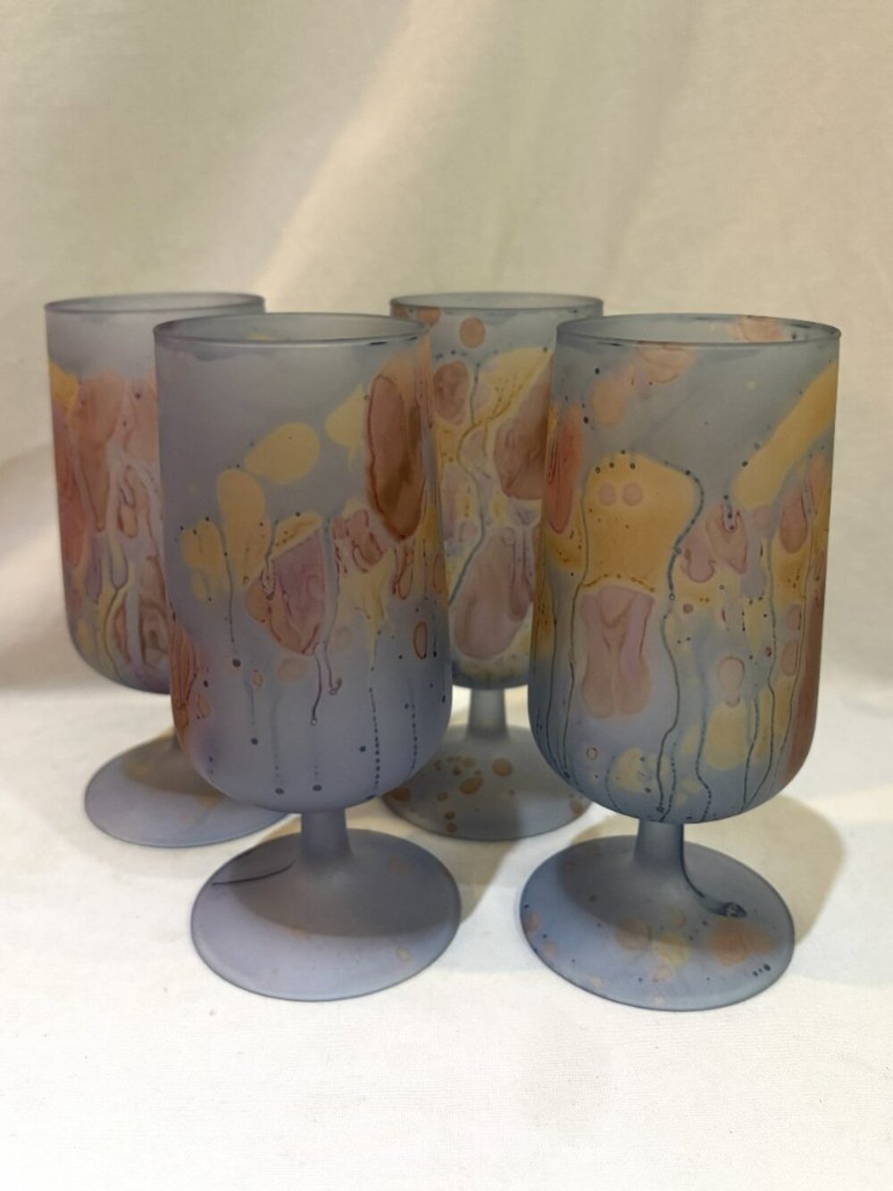 Reuven Glass Art Nouveau Hand Made Stem Wine Glasses Frosted Finish